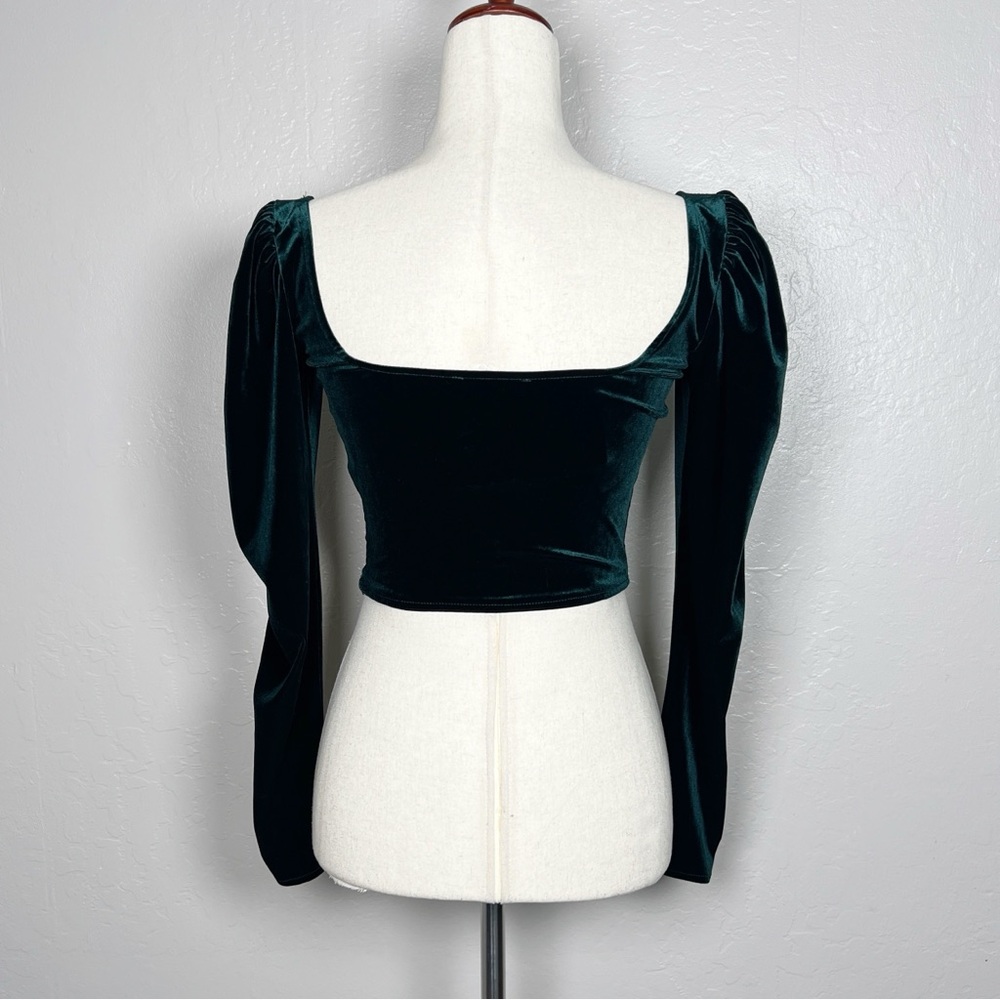 ZARA Women’s Size S Green Velvet Long Puff Sleeve Cropped Square-Neck Corset Top - Picture 3 of 14